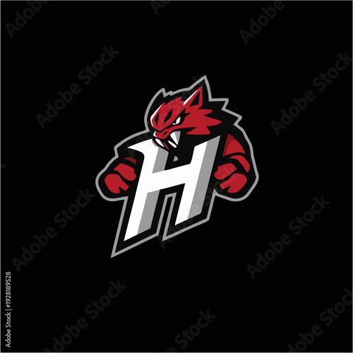 Logo maskot naga merah agresif dengan monogram huruf H tebal, lambang game esport modern dalam gaya vektor datar, sempurna untuk branding tim kompetitif, identitas klan, dan desain logo olahraga yang 
