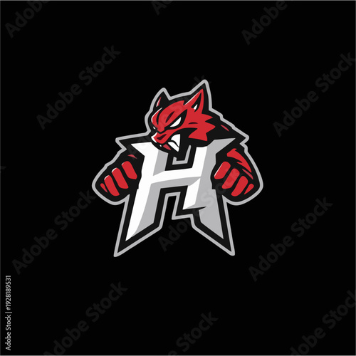 Logo maskot naga merah agresif dengan monogram huruf H tebal, lambang game esport modern dalam gaya vektor datar, sempurna untuk branding tim kompetitif, identitas klan, dan desain logo olahraga yang 