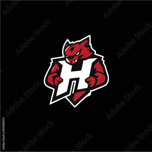 Logo maskot naga merah agresif dengan monogram huruf H tebal, lambang game esport modern dalam gaya vektor datar, sempurna untuk branding tim kompetitif, identitas klan, dan desain logo olahraga yang 