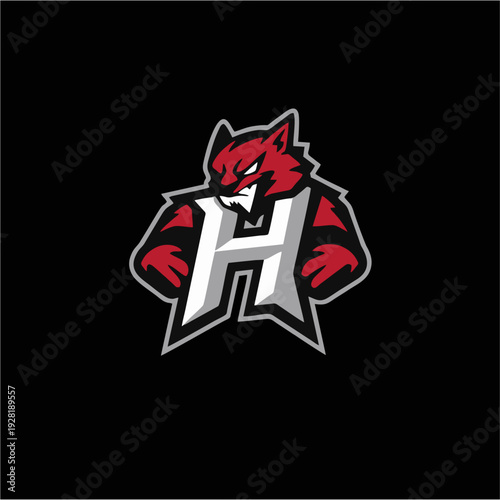 Logo maskot naga merah agresif dengan monogram huruf H tebal, lambang game esport modern dalam gaya vektor datar, sempurna untuk branding tim kompetitif, identitas klan, dan desain logo olahraga yang 