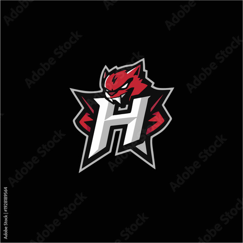 Logo maskot naga merah agresif dengan monogram huruf H tebal, lambang game esport modern dalam gaya vektor datar, sempurna untuk branding tim kompetitif, identitas klan, dan desain logo olahraga yang 
