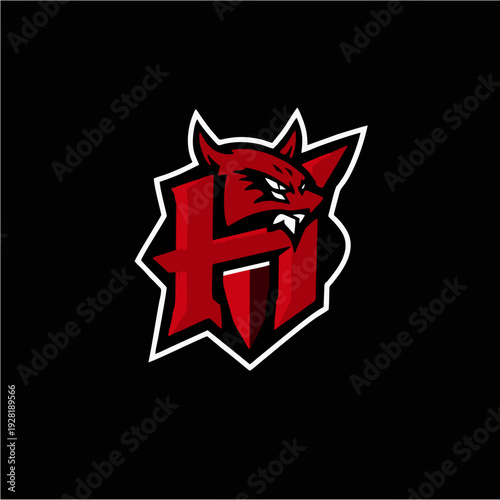 Logo maskot naga merah agresif dengan monogram huruf H tebal, lambang game esport modern dalam gaya vektor datar, sempurna untuk branding tim kompetitif, identitas klan, dan desain logo olahraga yang 