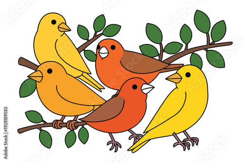 A colorful illustration of birds sitting on a tree branch