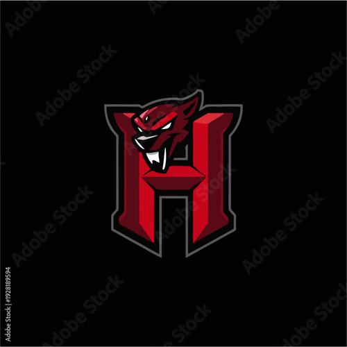 Logo maskot naga merah agresif dengan monogram huruf H tebal, lambang game esport modern dalam gaya vektor datar, sempurna untuk branding tim kompetitif, identitas klan, dan desain logo olahraga yang 