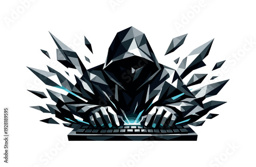 Low-poly vector illustration of a hacker breaking through with unstoppable typing speed, bold angular silhouette dominating the