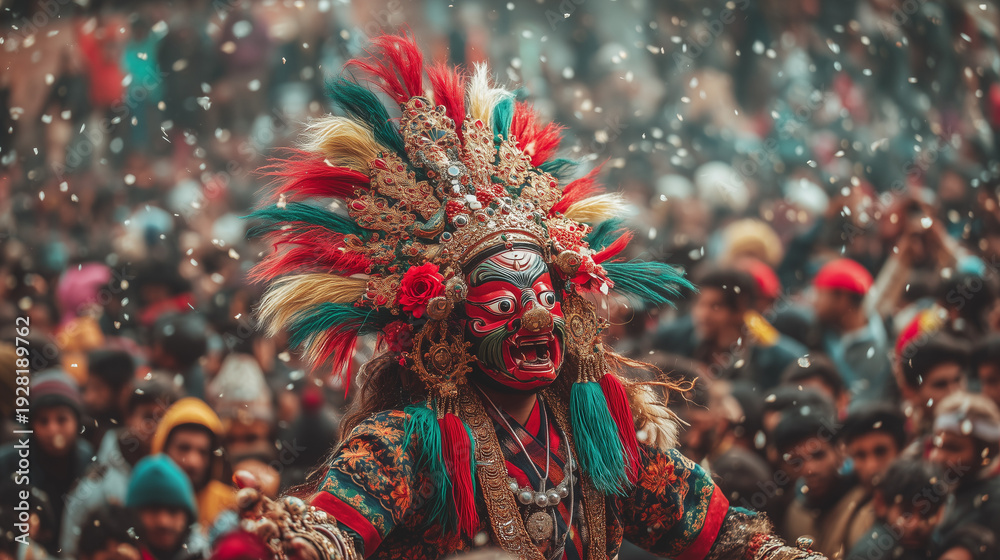 Fototapeta premium Indra Jatra Festival, Dramatic Indra Jatra Festival Performer with Red Feathered Headdress Celebrating Sacred Tradition Amid Large Crowd