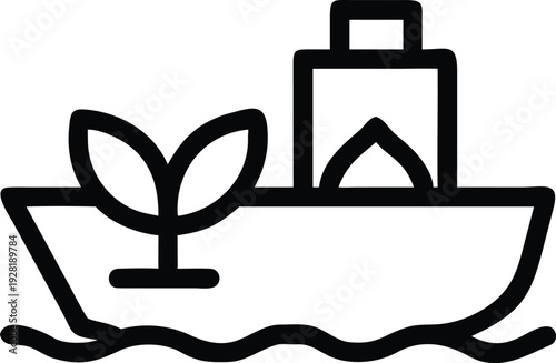 A maritime ship sailing on waves includes two prominent green leaves indicating eco travel