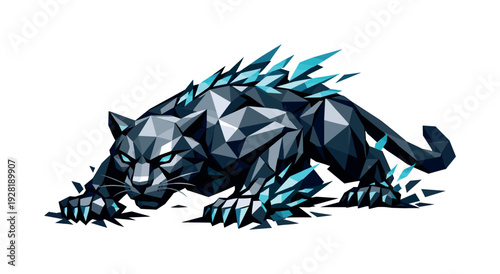 Low-poly vector illustration of a panther preparing to leap in the jungle, low coiled angular stance with shoulders compressed