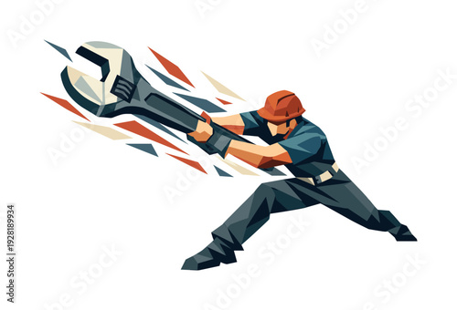 Low-poly vector illustration of an engineer accelerating into a wrench swing, dynamic diagonal composition with the tool slicing