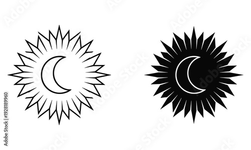 Crescent Moon with Sunburst Icon, Black and White Vector Symbols