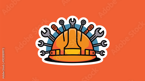 Bright orange sticker with construction helmet and tools