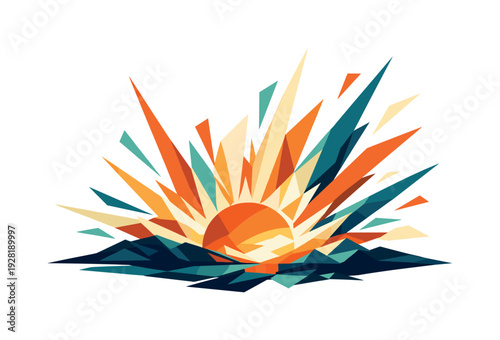 Low-poly vector illustration of a sunrise horizon burst escalating, sun pushing upward rapidly with sharp triangular rays