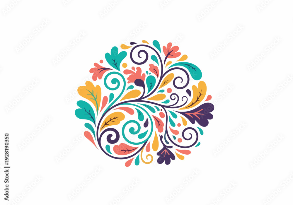 Obraz premium Vibrant floral and leaf swirling pattern in a circular motif, evoking a sense of natural beauty and artistic design