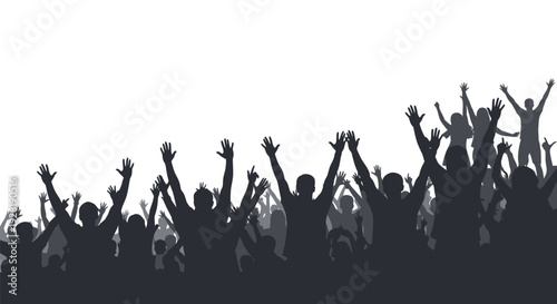 Silhouetted crowd of people raising their hands in joy and celebration.