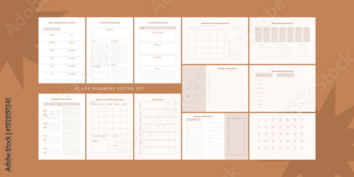 Set of minimalist monochrome abstract planners. Daily, weekly, monthly planner template. Blank printable vertical notebook page with space for notes and goals