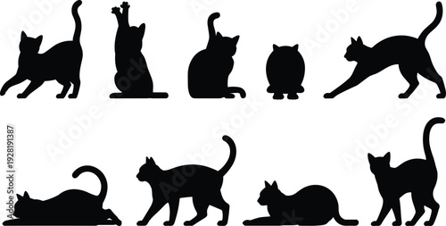 Ten black silhouette cats in various poses on a white background
