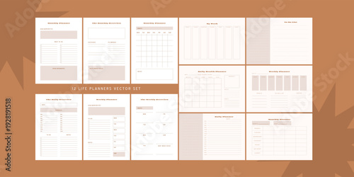 Set of minimalist monochrome abstract planners. Daily, weekly, monthly planner template. Blank printable vertical notebook page with space for notes and goals