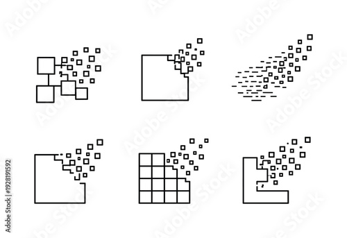 Digital Dissolution Icons. Line vector icons of pixel artifact dissolution (dispersing digital particles): breaking bit cluster,