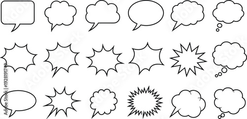 Set of black and white comic book speech and thought bubble outlines Keywords: speech bubble, thought bubble, comic, cartoon