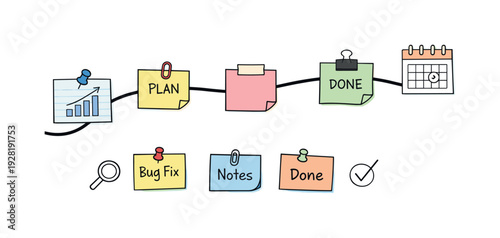 Minimalist Milestone Roadmap. Milestone roadmap path, notebook strips as checkpoints, mini chart and calendar icons, pinned sticky