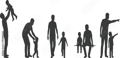Father and child silhouette set with walking playing lifting and pointing poses family bonding collection for parenting fathers day and lifestyle design.
