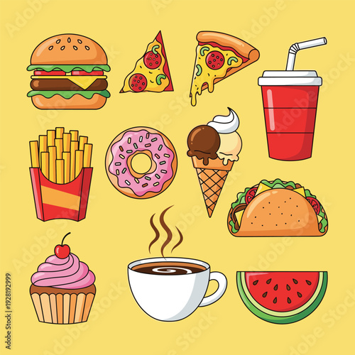 Assorted Fast Food Items and Treats Display.