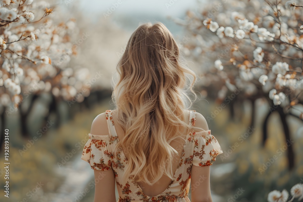 Fototapeta premium A young woman looks away as she walks through a field filled with blooming trees. She appreciates the beauty of spring and the flowers around her. The sunlight shines gently on her hair
