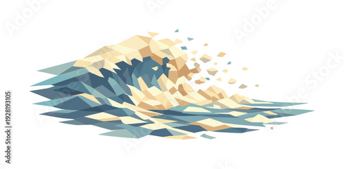 Low-Poly Ocean Wave. Low-poly vector illustration of an ocean wave crash future state, wave dissipating into refined angular foam