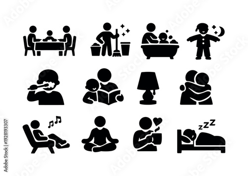 Solid vector icons of evening family routine: dinnerTable, cleanup, bath, pajamas, toothbrushing, bedtimeStory, nightlamp, hug,