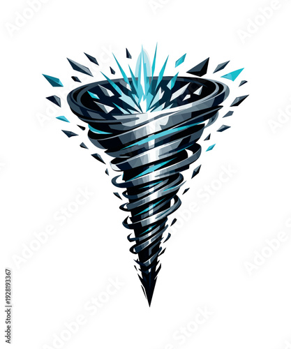 Low-poly vector illustration of a tornado spiral lift breakthrough moment, tornado fully formed and lifting debris cleanly upward
