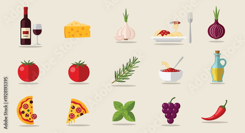 Flat Food Icons on Beige Background