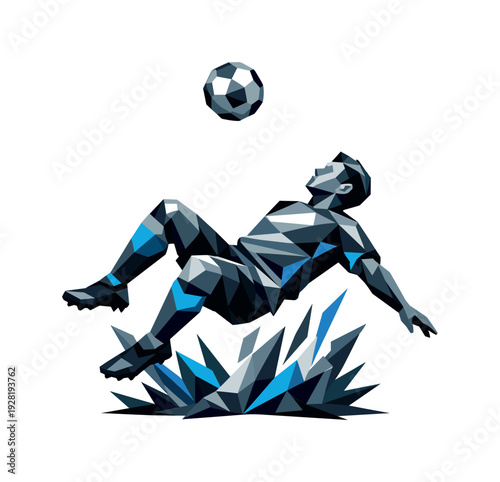 Low-poly vector illustration of a soccer player setting up for a bicycle kick, angular backward-leaning posture with knees