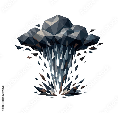 Thundercloud Rain Burst. Low-poly vector illustration of a thundercloud burst rain as a direct hero depiction, bold storm cloud