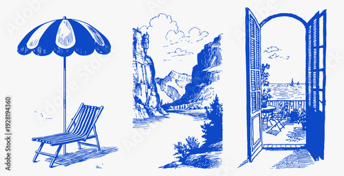 Beach umbrella chair lounge seaside relaxation mediterranean blue drawing. Hand sketched summer resort furniture on sand. Travel vacation coastal illustration scene.