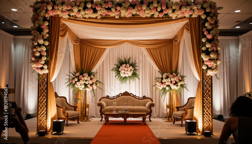 Elegant Wedding Ceremony Setup with Floral Decor and Seating Area