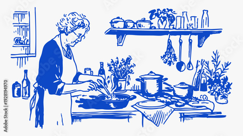Rustic home cooking crayon vintage sketch drawing. Blue line illustration of woman mixing ingredients in pan with pots and herbs. Warm mediterranean kitchen scene for cookbook or menu.