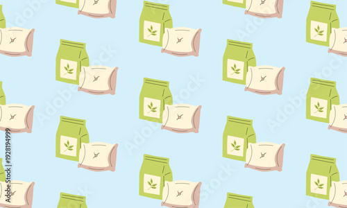 Matcha tea pattern background with matcha package and tea ceremony cushion, minimal green tea concept