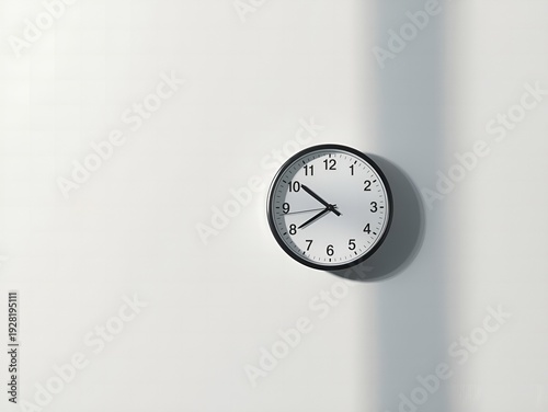Minimalist wall clock with long shadow time concept abstract background white