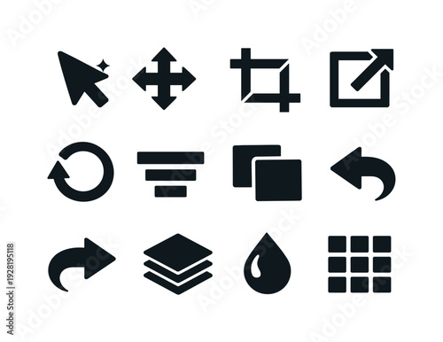 Collection of graphic design and editing icons on a white background