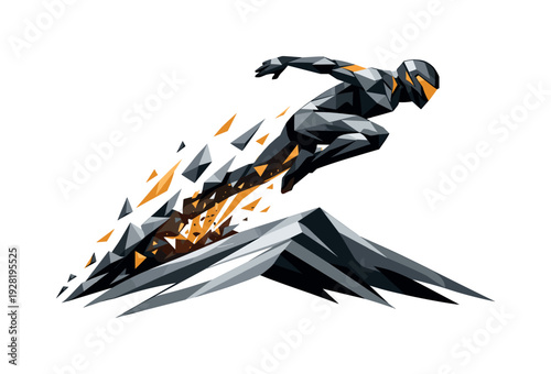 Low-poly vector illustration of a dune crest leap breakthrough moment, figure fully committed in a powerful forward arc clearing