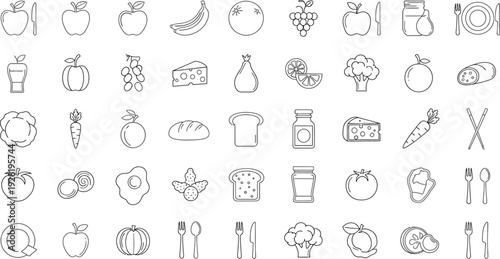 Food Icons Set with Fruits Vegetables and Utensils on White Background