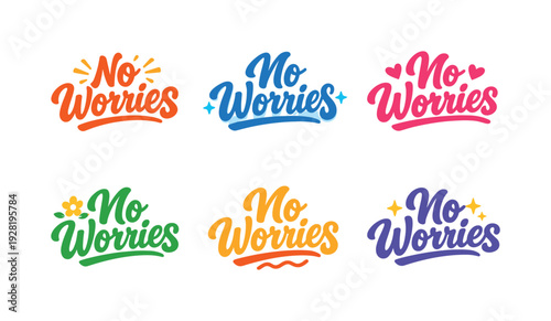 Clean flat holiday banner set illustration featuring modern lettering logo set for No Worries, stock marketplace–ready lettering