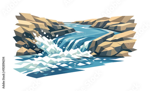 Low-poly vector illustration of a river rapid rush future state, river widening and stabilizing into a fast but controlled