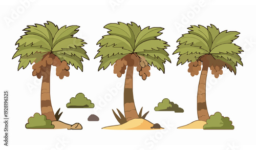 Whimsical desert oasis vector with three date palms and ripe fruit for illustration