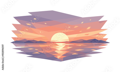Low-poly vector illustration of a sunset glow flare future state, sun partially set with refined angular afterglow spreading