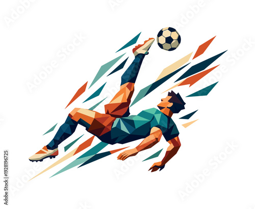 Low-poly vector illustration of a soccer player launching into the bicycle kick, explosive upward-backward motion with elongated
