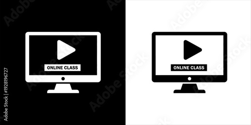 Online Class Icon Set Computer Monitor with Play Button and Text