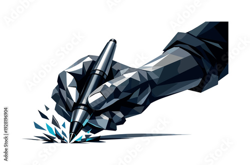Low-poly vector illustration of a designer preparing a pen stroke, grounded angular posture with wrist poised and elbow lifted,