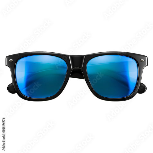 Black sunglasses with blue mirrored lenses front view 3D render isolated on transparent background.