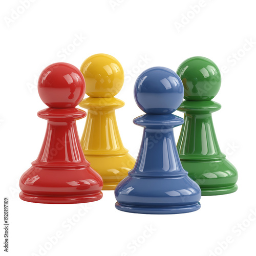 Four colorful board game pawns pieces set, glossy plastic 3D render isolated on transparent background.